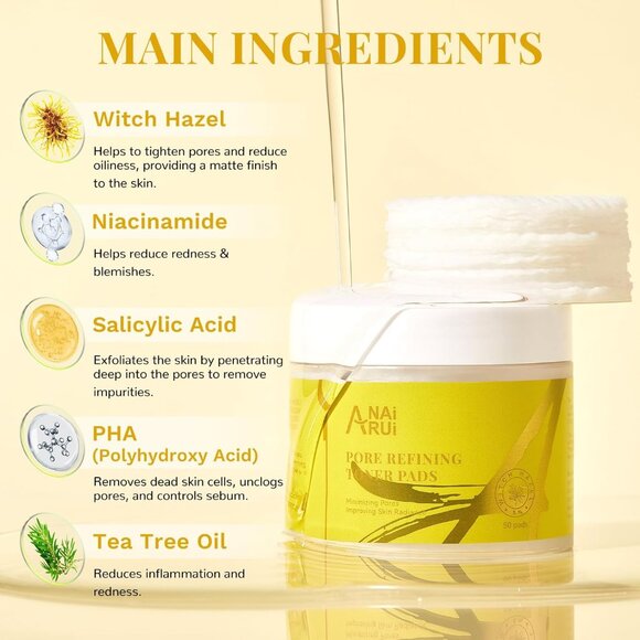 ANAI RUI Pore Minimizing Pads, with Witch Hazel, PHA, Salicylic Acid - 50 Pads - Picture 2 of 5